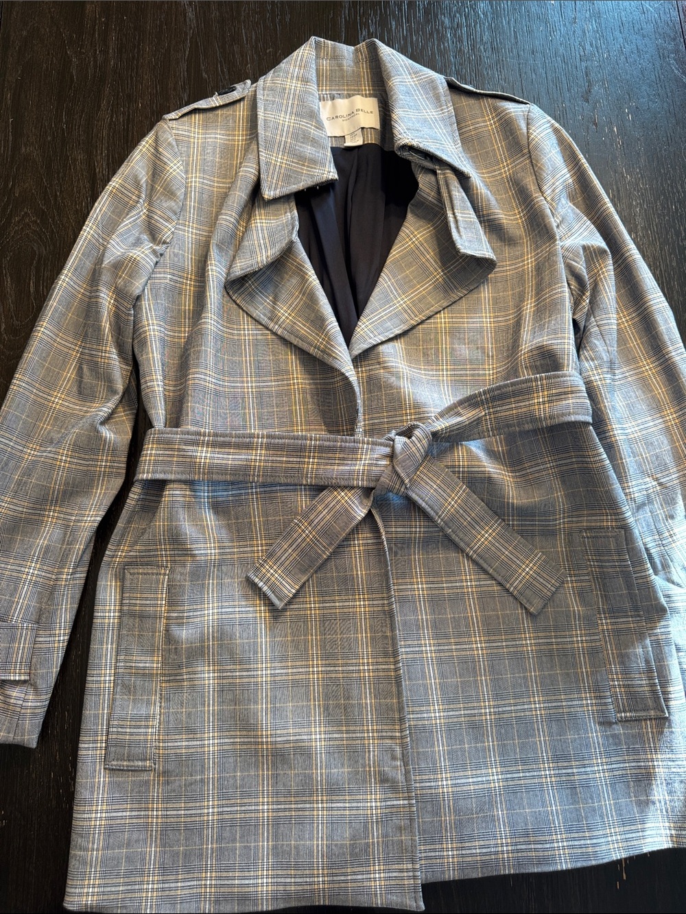 Carolina Belle Gray Plaid Belted Trench Coat